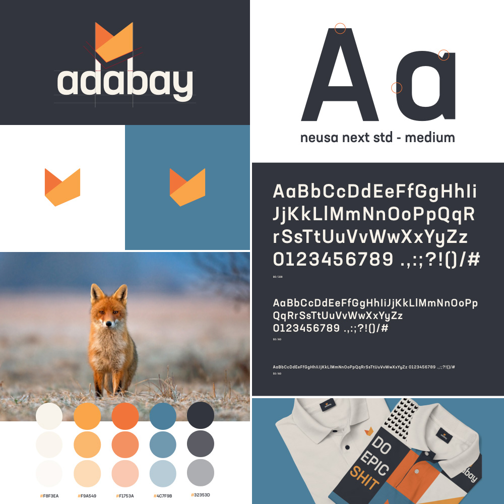 adabay Styleguide mit unterschiedlichen Motiven, Logos und Bildern zum Fuchs Icon und Typographien