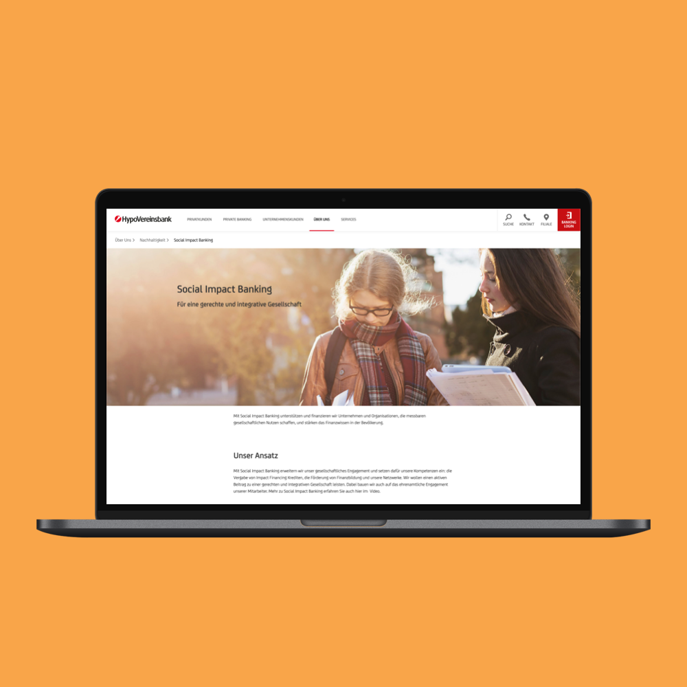 adabay Desktop Mockup mit der HVB Unicredit Social Impact Banking Website